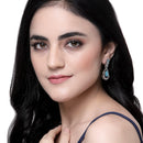 Rhodium-Plated Sky Blue American Diamond studded Teardrop & Leaf Shaped Drop Earrings