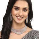 Rhodium-Plated Silver Toned Pink American Diamond Choker Necklace with Earrings Jewellery Set