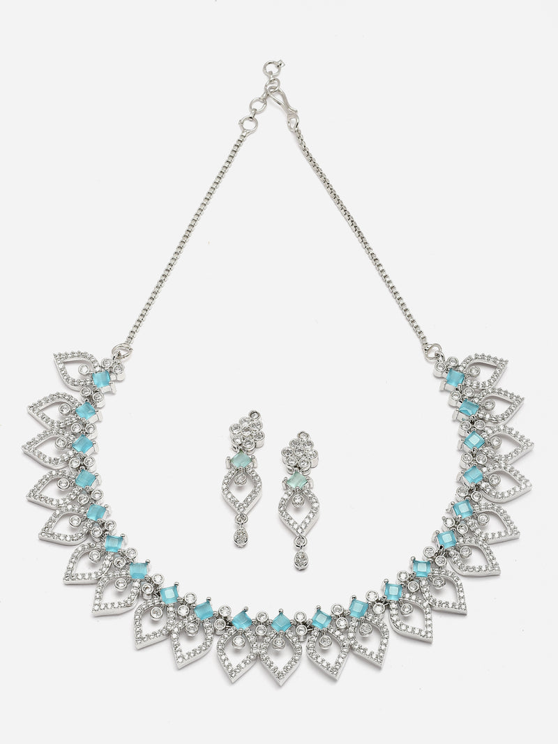Rhodium-Plated Sky Blue American Diamond Studded Floral & Leaf Shaped Necklace with Earrings Jewellery Set