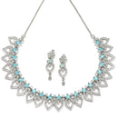 Rhodium-Plated Sky Blue American Diamond Studded Floral & Leaf Shaped Necklace with Earrings Jewellery Set