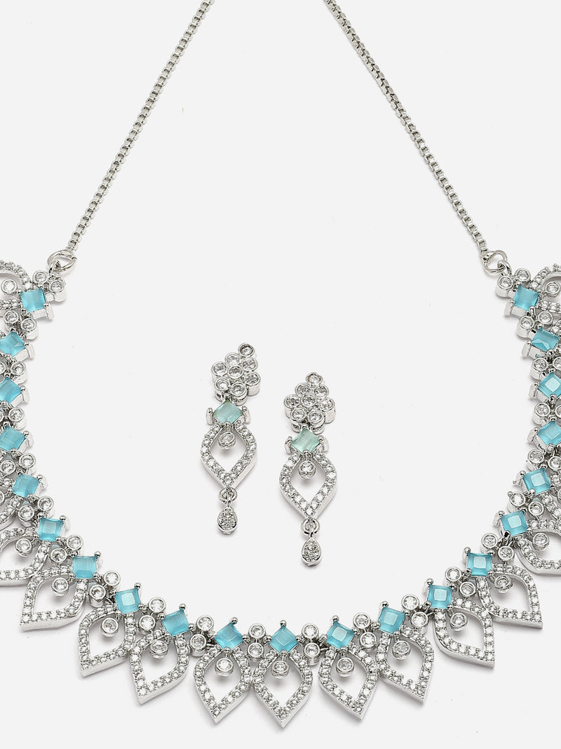 Rhodium-Plated Sky Blue American Diamond Studded Floral & Leaf Shaped Necklace with Earrings Jewellery Set