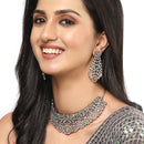 Rose Gold-Plated Gunmetal Toned Sea Green American Diamond Choker Necklace with Earrings Jewellery Set