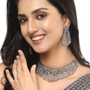 Rose Gold-Plated Gunmetal Toned Sea Green American Diamond Choker Necklace with Earrings Jewellery Set