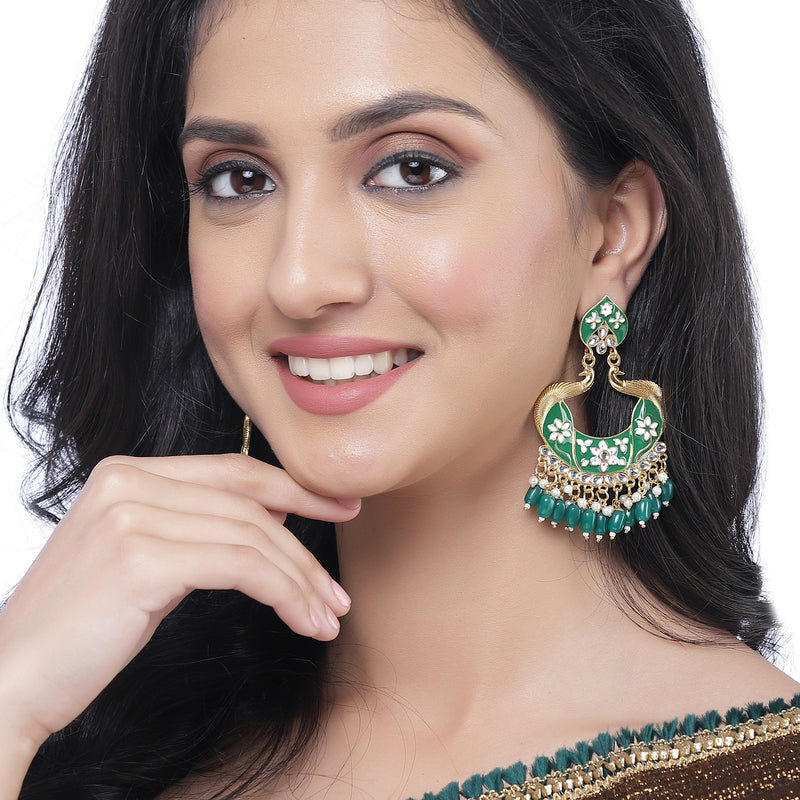 Gold-Plated Green Kundan & White Pearls studded Peacock Shaped Handcrafted Drop Earrings