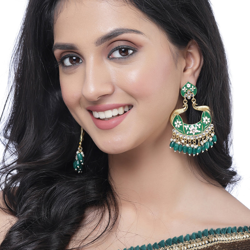 Gold-Plated Green Kundan & White Pearls studded Peacock Shaped Handcrafted Drop Earrings