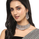 Rose Gold-Plated Gunmetal Toned White American Diamond Choker Necklace with Earrings Jewellery Set