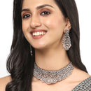 Rose Gold-Plated Gunmetal Toned White American Diamond Choker Necklace with Earrings Jewellery Set