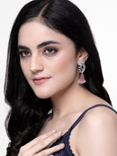 Rhodium-Plated Pink & White American Diamond studded Floral Theme Drop Earrings