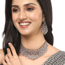 Rose Gold-Plated Gunmetal Toned Pink American Diamond Choker Necklace with Earrings Jewellery Set