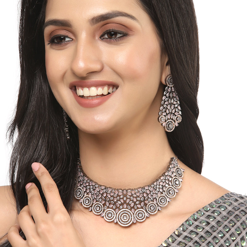 Rose Gold-Plated Gunmetal Toned Pink American Diamond Choker Necklace with Earrings Jewellery Set
