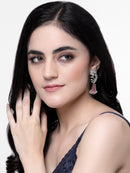 Rhodium-Plated Pink & White American Diamond studded Floral Theme Drop Earrings