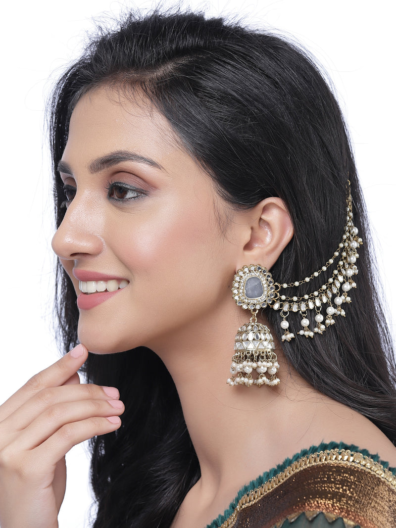 Oxidised Silver-Plated White Pearl studded Jhumka Earrings with Ear Chain