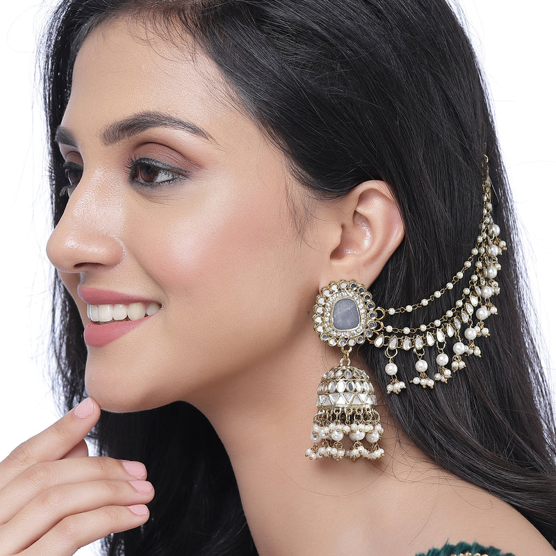 Oxidised Silver-Plated White Pearl studded Jhumka Earrings with Ear Chain