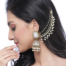 Oxidised Silver-Plated White Pearl studded Jhumka Earrings with Ear Chain