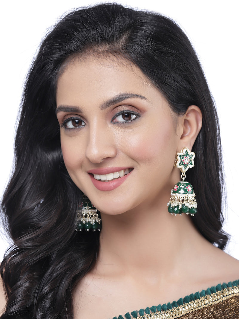 Gold-Plated Green & White Kundan-Pearls studded Star Shaped Enamelled Jhumka Earrings