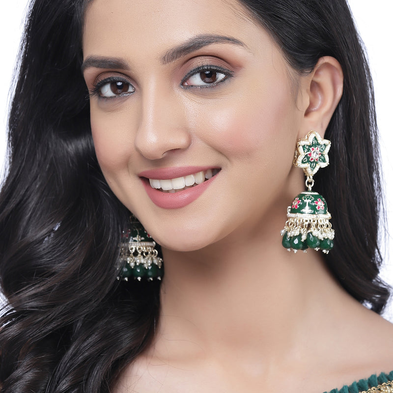 Gold-Plated Green & White Kundan-Pearls studded Star Shaped Enamelled Jhumka Earrings