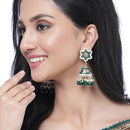 Gold-Plated Green & White Kundan-Pearls studded Star Shaped Enamelled Jhumka Earrings
