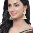 Gold-Plated White Kundan & White Pearls studded Flower Shaped Vilandi Jhumka Earrings