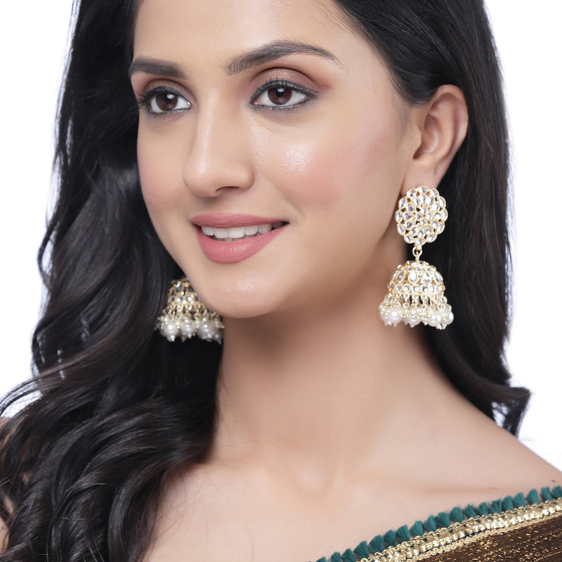 Gold-Plated White Kundan & White Pearls studded Flower Shaped Vilandi Jhumka Earrings