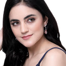 Rhodium-Plated Pink & White American Diamond studded Trardrop Shaped Drop Earrings