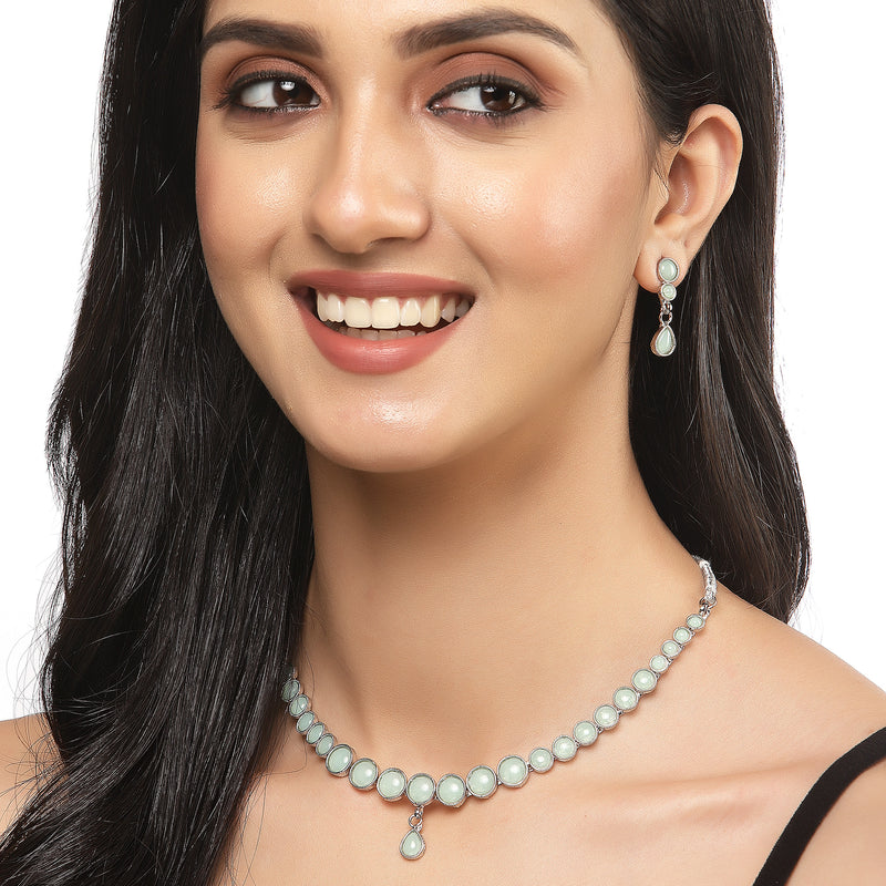 Oxidised Silver-Plated Lime Green Round American Diamond Studded Necklace with Earring Jewellery Set