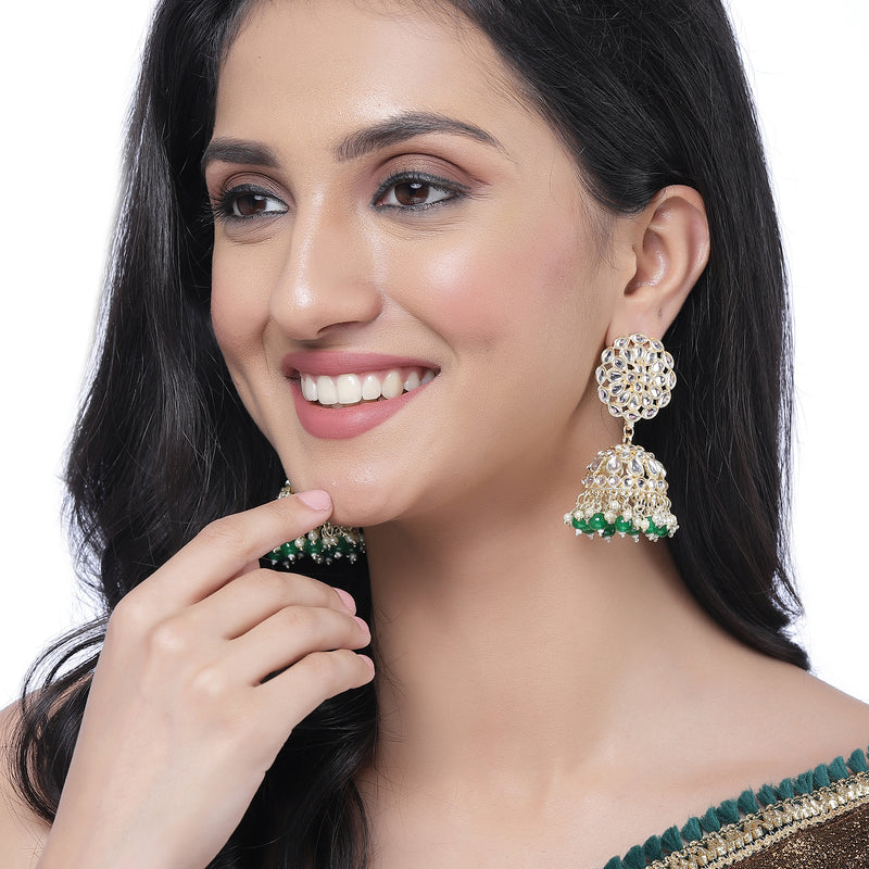 Gold-Plated Green Kundan & White Pearls studded Flower Shaped Vilandi Jhumka Earrings