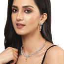 Rhodium-Plated Silver Toned Star Sea Green & Pink American Diamond Studded Necklace Earrings Jewellery Set