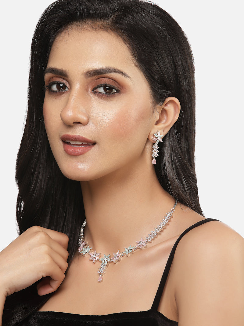 Rhodium-Plated Silver Toned Star Sea Green & Pink American Diamond Studded Necklace Earrings Jewellery Set