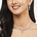 Rhodium-Plated Silver Toned Star Sea Green & Pink American Diamond Studded Necklace Earrings Jewellery Set