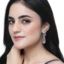 Rhodium-Plated Pink American Diamond studded Teardrop & Leaf Shaped Drop Earrings