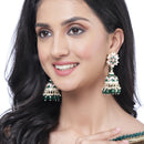Gold-Plated Green & White Kundan-Pearls studded Crescent Shaped Hand Painted Jhumka Earrings