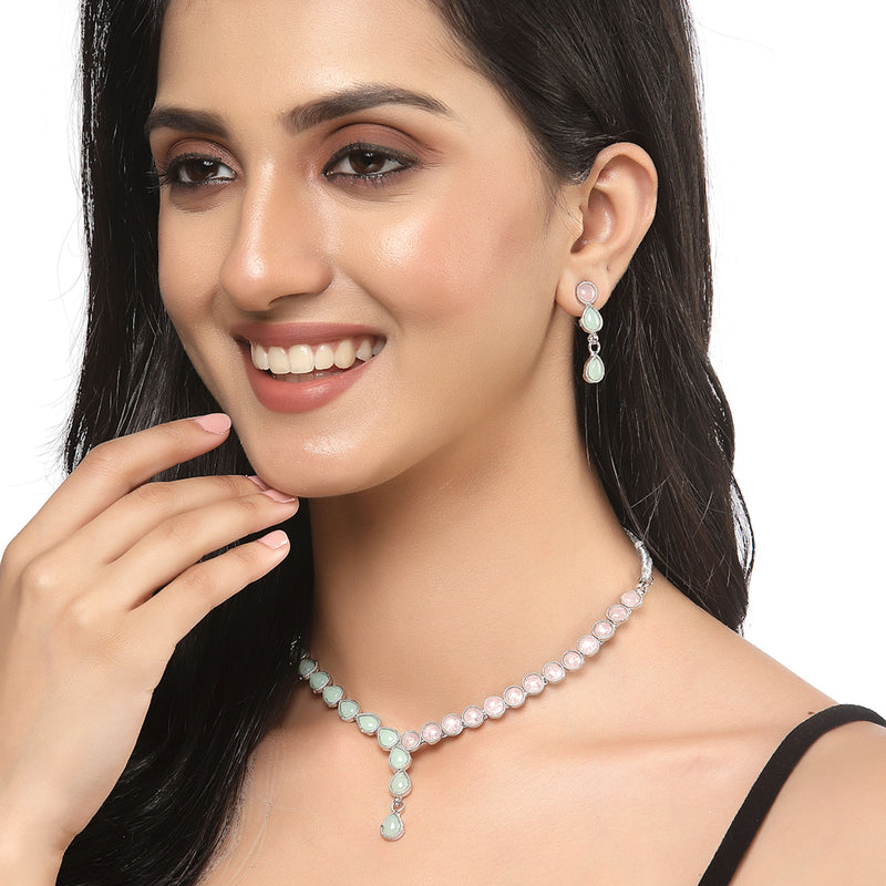 Oxidised Silver-Plated Lime Green-Pink American Diamond Studded Necklace with Earring Jewellery Set