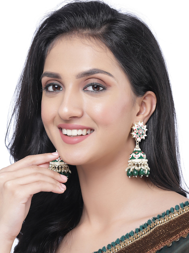 Gold-Plated Green & White Kundan-Pearls studded Crescent Shaped Hand Painted Jhumka Earrings