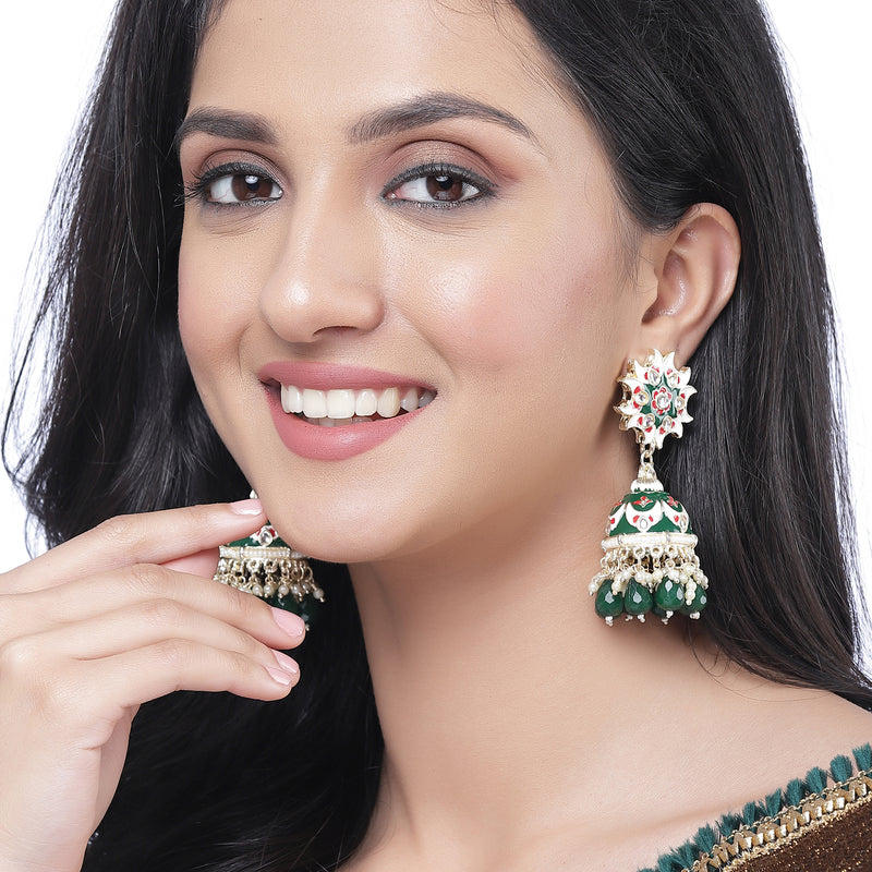 Gold-Plated Green & White Kundan-Pearls studded Crescent Shaped Hand Painted Jhumka Earrings