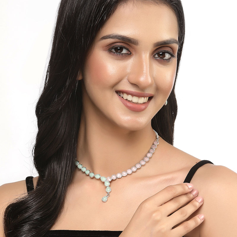 Oxidised Silver-Plated Lime Green-Pink American Diamond Studded Necklace with Earring Jewellery Set