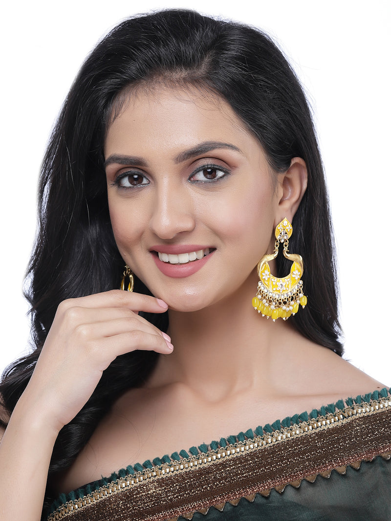 Gold-Plated Yellow Kundan & White Pearls studded Peacock Shaped Handcrafted Drop Earrings
