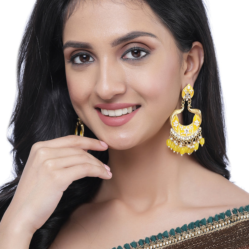 Gold-Plated Yellow Kundan & White Pearls studded Peacock Shaped Handcrafted Drop Earrings