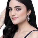 Rhodium-Plated Pink American Diamond studded Square & Leaf Shaped Drop Earrings