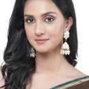 Gold-Plated White Kundan-Pearls studded Crescent Shaped Hand Painted Jhumka Earrings