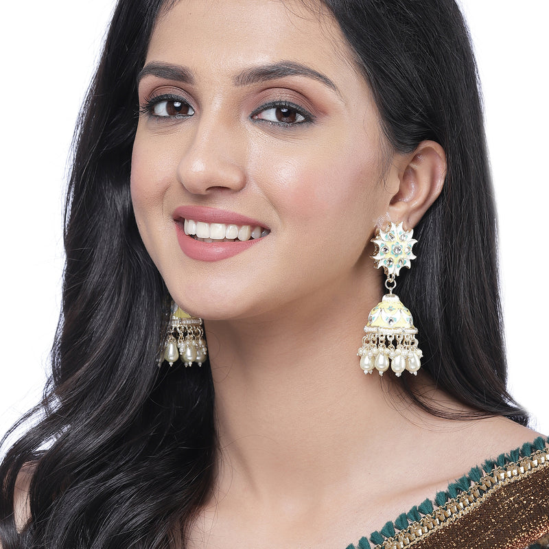 Gold-Plated White Kundan-Pearls studded Crescent Shaped Hand Painted Jhumka Earrings