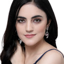 Rhodium-Plated Pink American Diamond studded Square & Leaf Shaped Drop Earrings