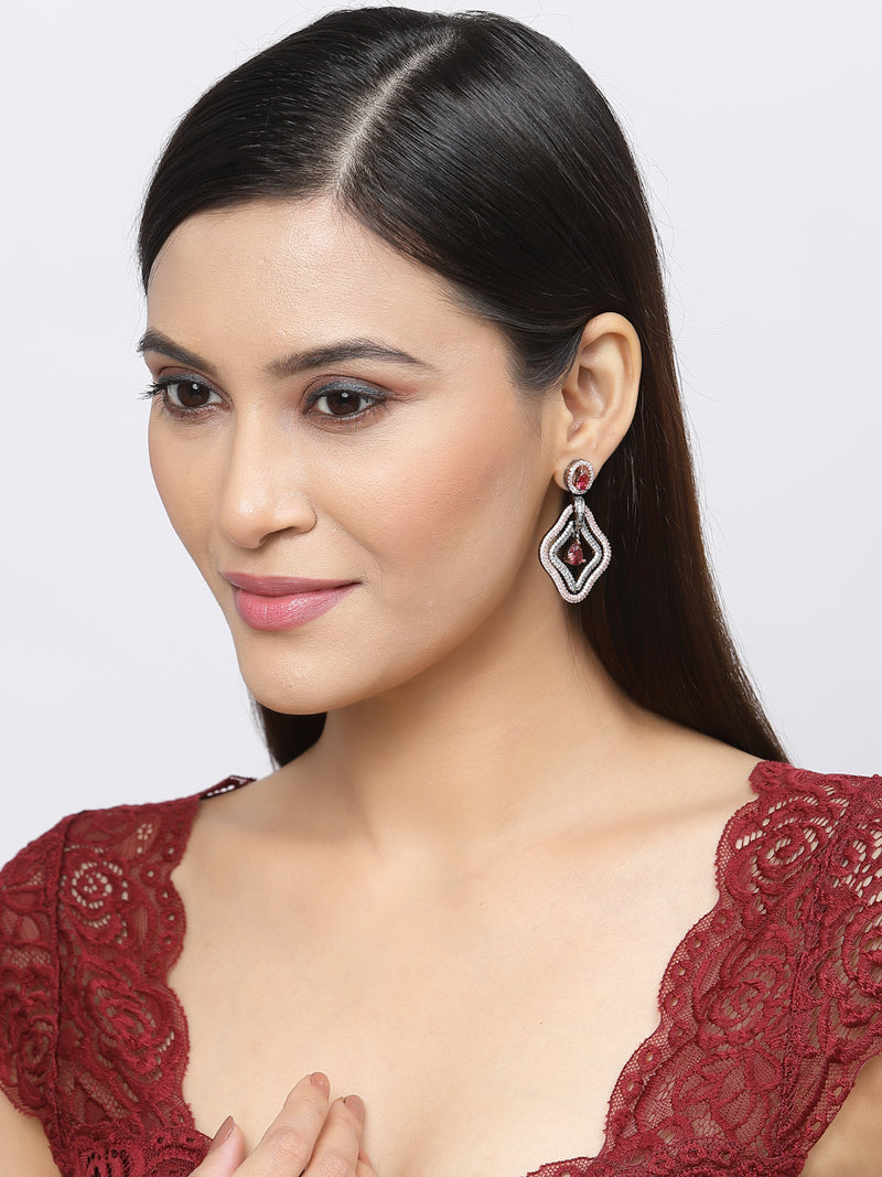 Rose Gold-Plated Gunmetal Toned Red American Diamond studded Layered Drop Earrings