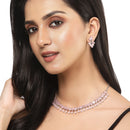 Rhodium-Plated Silver Toned Pear Pink American Diamond Studded Necklace Earrings Jewellery Set