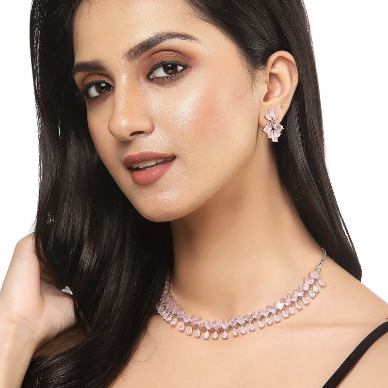 Rhodium-Plated Silver Toned Pear Pink American Diamond Studded Necklace Earrings Jewellery Set