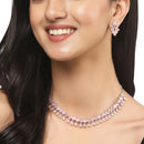 Rhodium-Plated Silver Toned Pear Pink American Diamond Studded Necklace Earrings Jewellery Set
