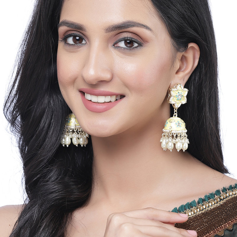 Gold-Plated Yellow & White Kundan-Pearls studded Star Shaped Enamelled Jhumka Earrings