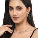Rhodium-Plated Silver Toned Rectangle Pink American Diamond Studded Necklace Earrings Jewellery Set