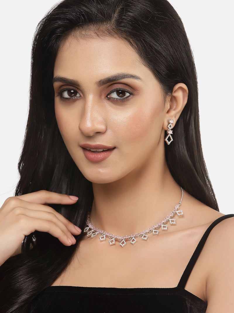 Rhodium-Plated Silver Toned Rectangle Pink American Diamond Studded Necklace Earrings Jewellery Set