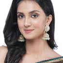 Gold-Plated Sea Green Kundan & White Pearls studded Flower Shaped Vilandi Jhumka Earrings