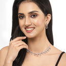 Rhodium-Plated Silver Toned Rectangle Pink American Diamond Studded Necklace Earrings Jewellery Set